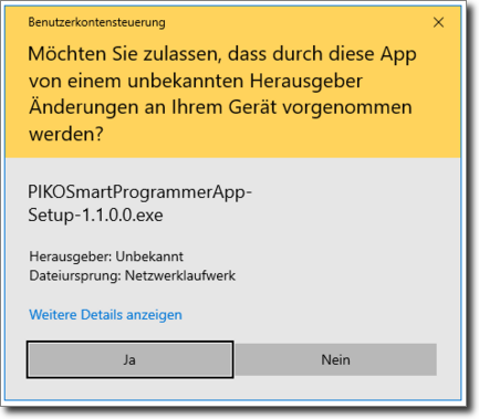 Abbildung Fehlermeldung PSP App-Start
