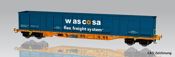 Containertragwagen Sgnns mit E-Aufbau blau CH-Wascosa VI