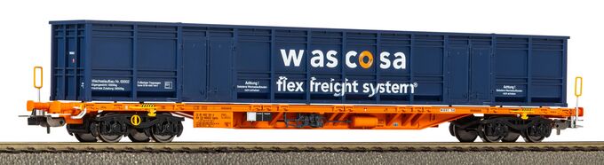 Containertragwagen Sgnns mit E-Aufbau blau CH-Wascosa VI