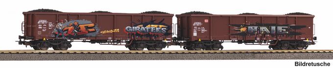 2er Set Offene G&uuml;terwagen Eaos DB AG VI mit Graffiti und Kohleladung