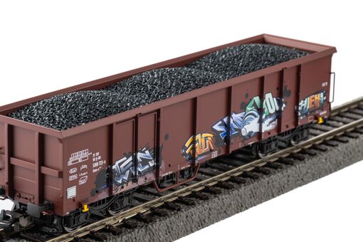2er Set Offene G&uuml;terwagen Eaos DB AG VI mit Graffiti und Kohleladung