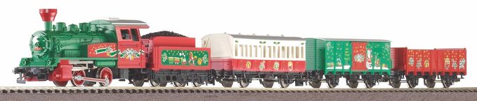 Starter Set Christmal Steam loco+ 3 Coaches, PIKO A-Track w. Railbed