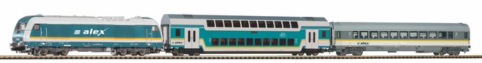 Starter Set Alex Hercules Diesel loco w. 2 passenger cars, PIKO A-Track w. Railbed