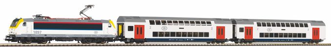 Start-Set mit Bettung Personenzug E-Lok und 2 Doppelstockwagen SNCB